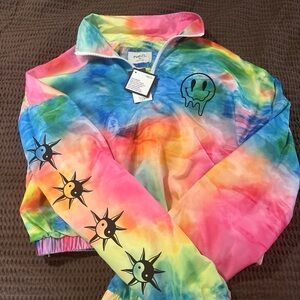 Rue 21 Cropped Jacket Windbreaker tie dye with Moon and Sun design Womens Med
